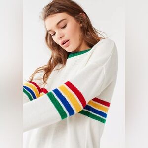 Urban Outfitters White Crewneck Sweater with Red, Green, Blue & Yellow Stripes